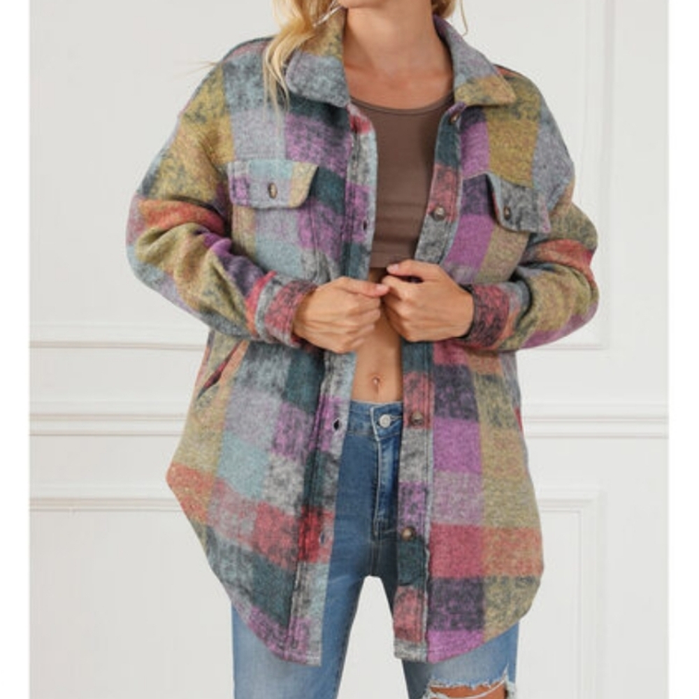 Bibi Boutique Multicolor Checkered Plaid Button Down Shacket